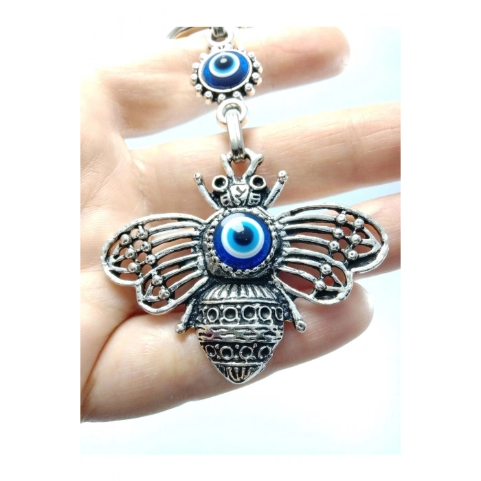 Nazar Boncuğu Metal Arı Figürü Anahtarlık / Araba Dikiz Ayna Süsü Hediyelik Aksesuar