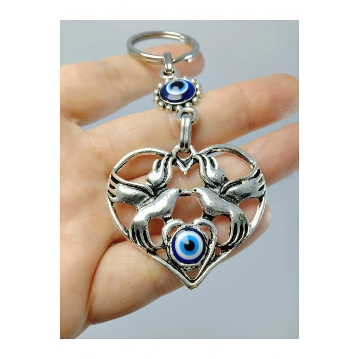 Metal Kuşlu Kalp Nazar Boncuğu Anahtarlık/araba Dikiz Ayna Süsü Hediyelik Aksesuar