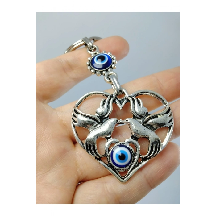 Metal Kuşlu Kalp Nazar Boncuğu Anahtarlık/araba Dikiz Ayna Süsü Hediyelik Aksesuar