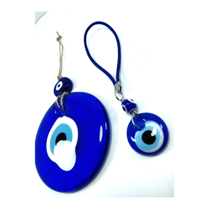 Nazar Boncuğu Duvar Dekoru 9 Cm + Araba Dikiz Ayna Süsü El Yapımı Cam Dekoratif Hediyelik Set