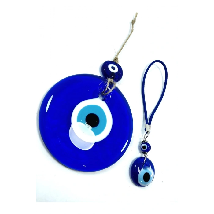 Nazar Boncuğu Duvar Dekoru 9 Cm + Araba Dikiz Ayna Süsü El Yapımı Cam Dekoratif Hediyelik Set