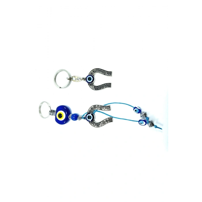 Nazar Boncuklu Metal Nal Anahtarlık + Metal Nal Araba Dikiz Ayna Süsü El Yapımı Cam Hediyelik Set