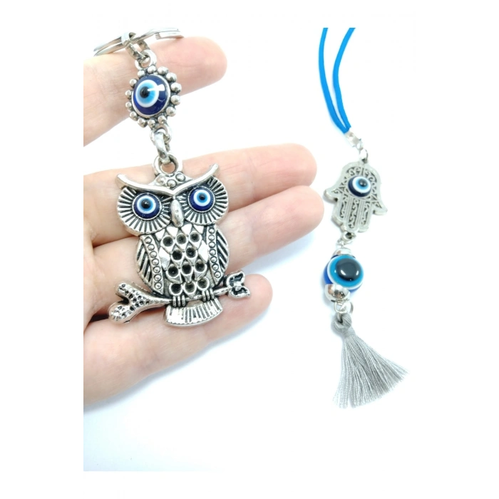 Baykuş Nazar Boncuğu Metal Anahtarlık/fatıma Eli Araba Dikiz Ayna Süsü El Yapımı Hediyelik Set