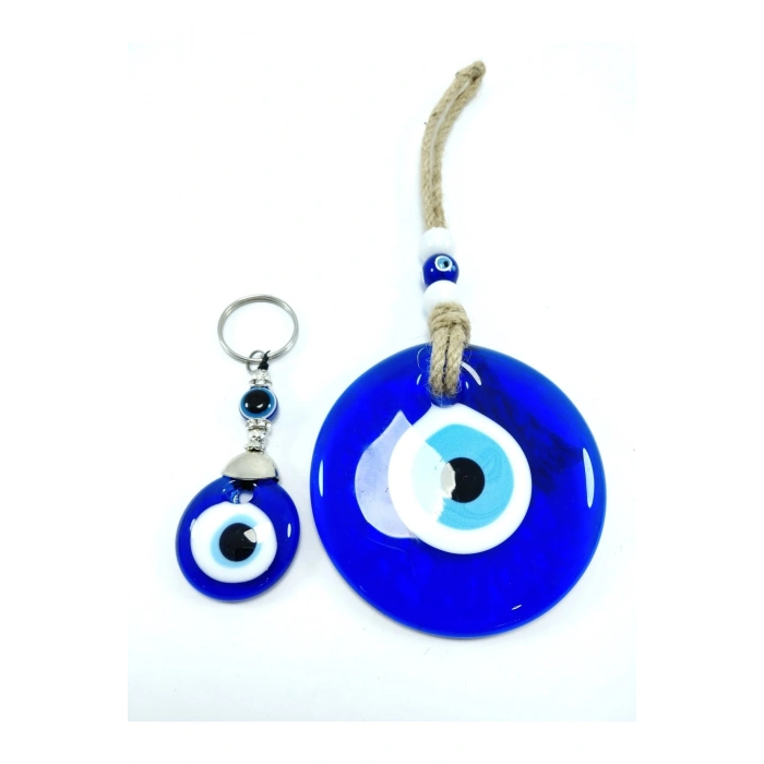Nazar Boncuğu Duvar Dekoru 9 Cm + Anahtarlık El Yapımı Cam Dekoratif Hediyelik Set