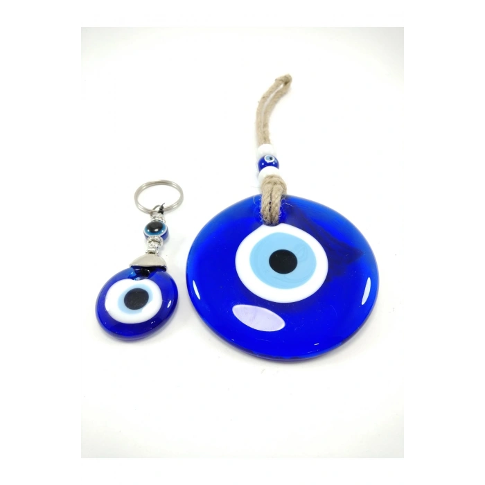 Nazar Boncuğu Duvar Dekoru 9 Cm + Anahtarlık El Yapımı Cam Dekoratif Hediyelik Set