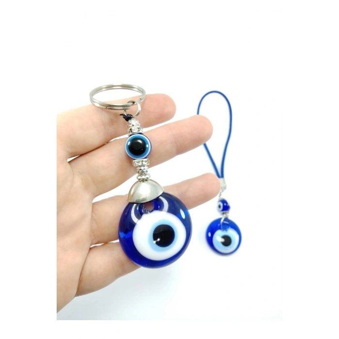 Nazar Boncuğu Anahtarlık + Araba Dikiz Ayna Süsü El Yapımı Cam Dekoratif Hediyelik Set