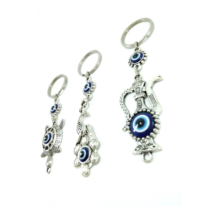Nazar Boncuğu Metal Tavus Kuşu+ Kaplumbağa+ Testi Anahtarlık/dikiz Ayna Süsü Üçlü Hediyelik Set