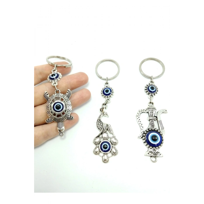 Nazar Boncuğu Metal Tavus Kuşu+ Kaplumbağa+ Testi Anahtarlık/dikiz Ayna Süsü Üçlü Hediyelik Set