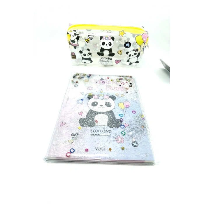 Hediyelik Kırtasiye Seti A5 Boy Simli/sulu Şeffaf Panda Temalı Defter + Şeffaf Kalemlik