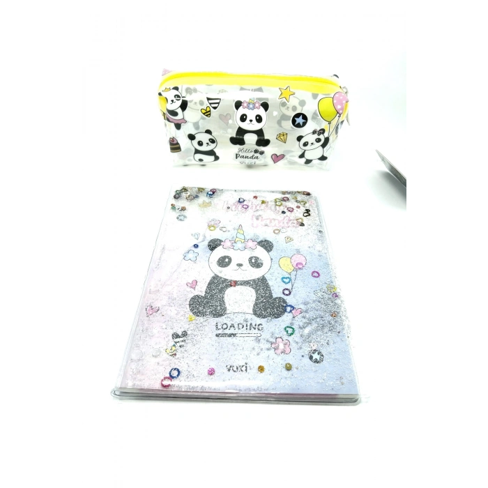 Hediyelik Kırtasiye Seti A5 Boy Simli/sulu Şeffaf Panda Temalı Defter + Şeffaf Kalemlik