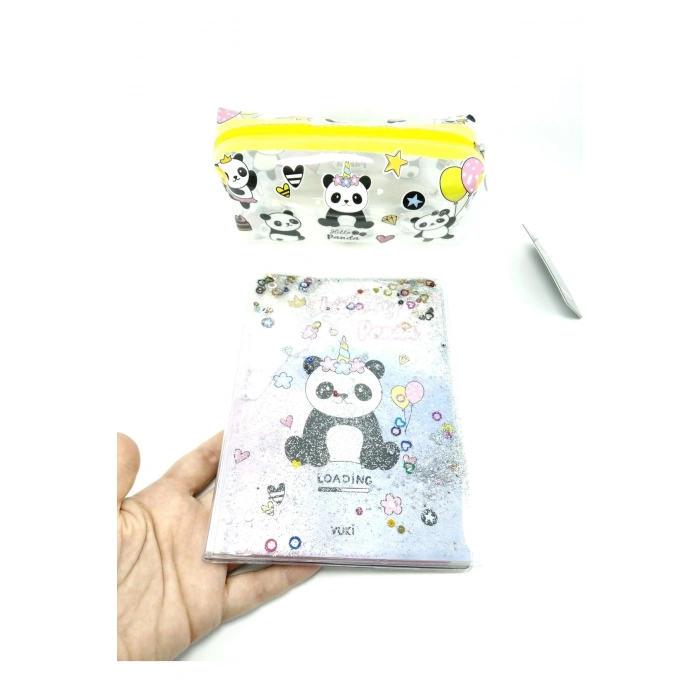 Hediyelik Kırtasiye Seti A5 Boy Simli/sulu Şeffaf Panda Temalı Defter + Şeffaf Kalemlik
