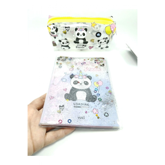 Hediyelik Kırtasiye Seti A5 Boy Simli/sulu Şeffaf Panda Temalı Defter + Şeffaf Kalemlik
