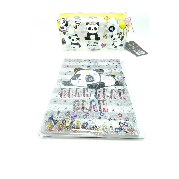 Hediyelik Kırtasiye Seti A5 Boy Simli/sulu Şeffaf Panda Temalı Defter + Şeffaf Kalemlik