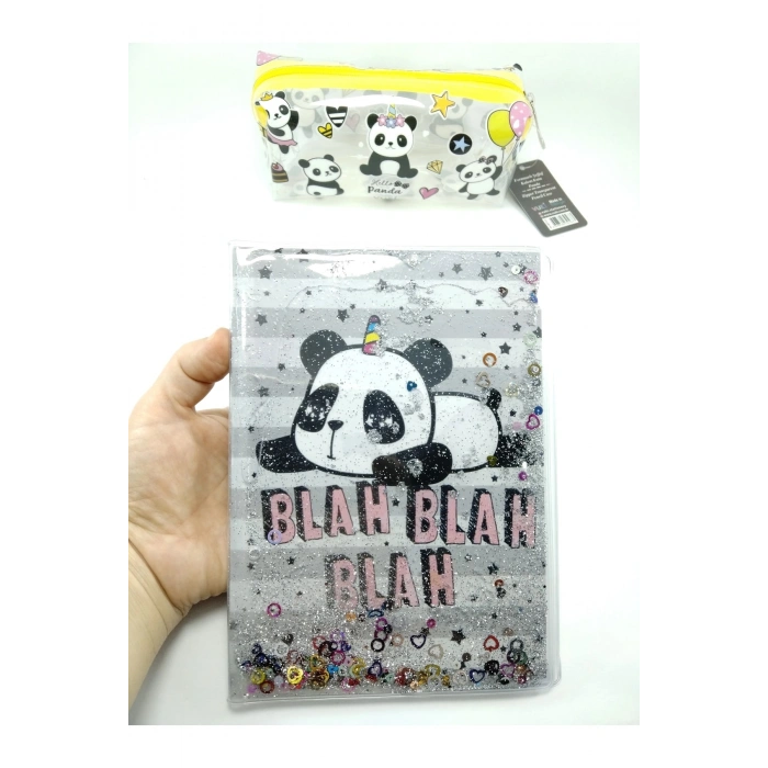 Hediyelik Kırtasiye Seti A5 Boy Simli/sulu Şeffaf Panda Temalı Defter + Şeffaf Kalemlik