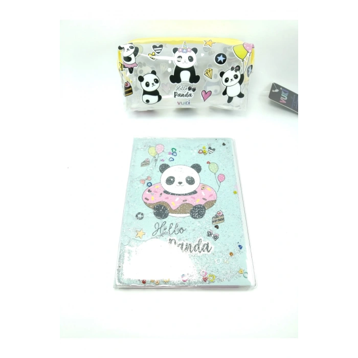 Hediyelik Kırtasiye Seti A5 Boy Simli/sulu Şeffaf Panda Temalı Defter + Şeffaf Kalemlik
