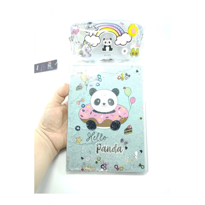 Hediyelik Kırtasiye Seti A5 Boy Simli/sulu Şeffaf Panda Temalı Defter + Şeffaf Kalemlik