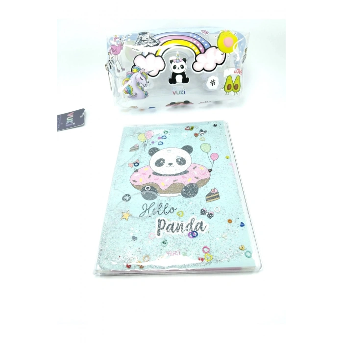 Hediyelik Kırtasiye Seti A5 Boy Simli/sulu Şeffaf Panda Temalı Defter + Şeffaf Kalemlik