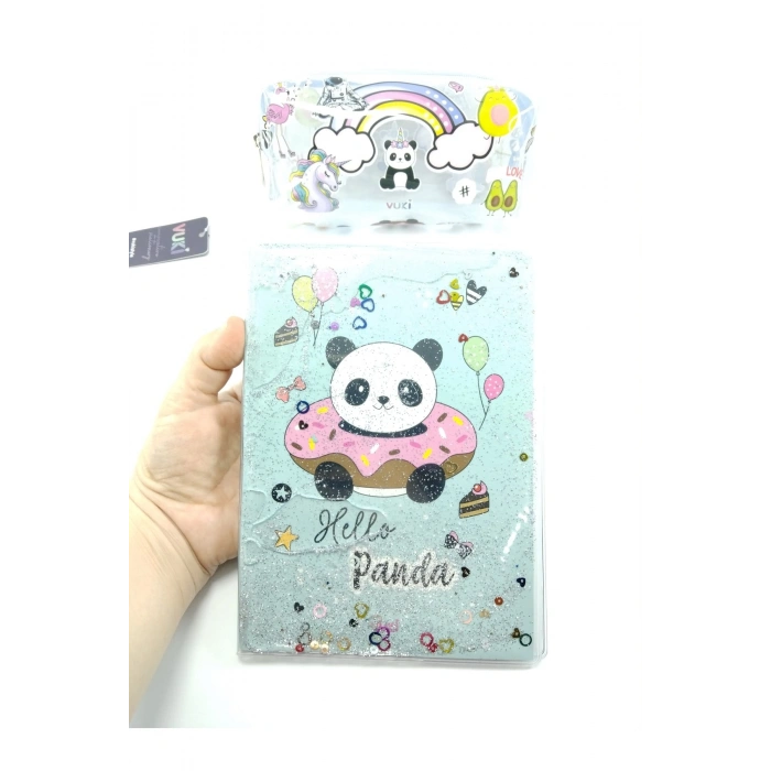Hediyelik Kırtasiye Seti A5 Boy Simli/sulu Şeffaf Panda Temalı Defter + Şeffaf Kalemlik