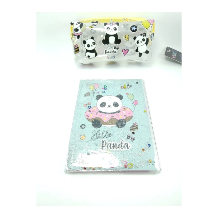 Hediyelik Kırtasiye Seti A5 Boy Simli/sulu Şeffaf Panda Temalı Defter + Şeffaf Kalemlik