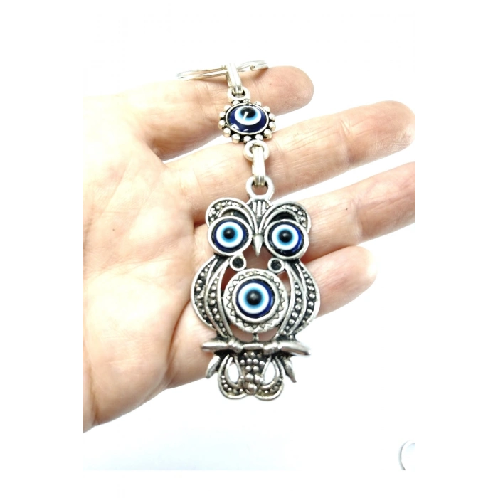 Nazar Boncuğu Baykuş Metal Anahtarlık/dikiz Ayna Süsü Hediyelik Eşya