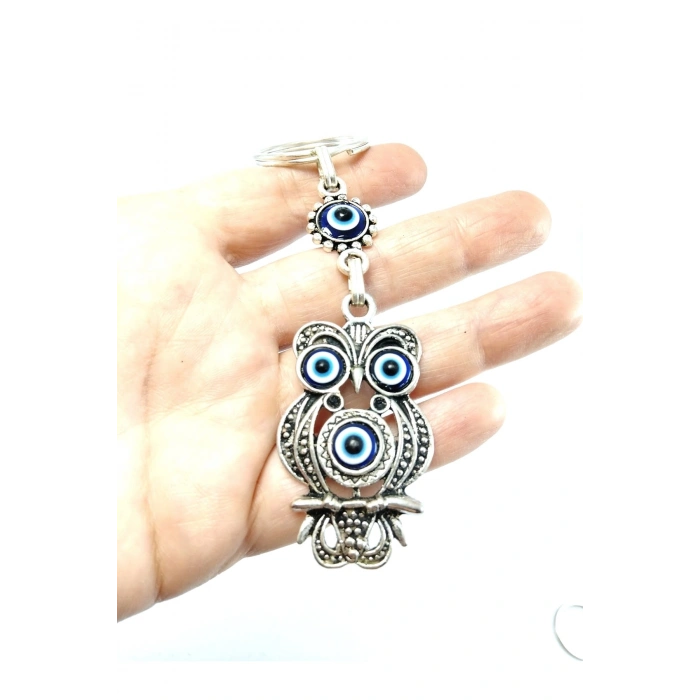 Nazar Boncuğu Baykuş Metal Anahtarlık/dikiz Ayna Süsü Hediyelik Eşya