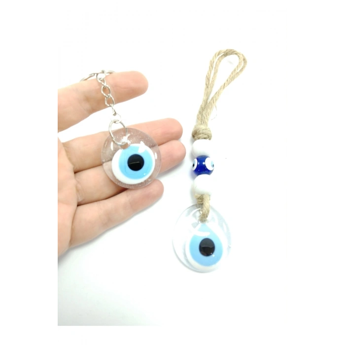 Saydam Nazar Boncuğu Anahtarlık + Duvar Dekoru/araba Dikiz Ayna Süsü El Yapımı Cam Hediyelik Set
