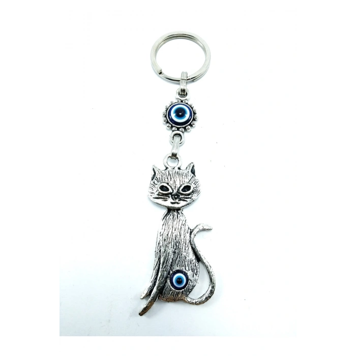 Nazar Boncuğu Metal Kedi Anahtarlık/dikiz Ayna Süsü Hediyelik Eşya