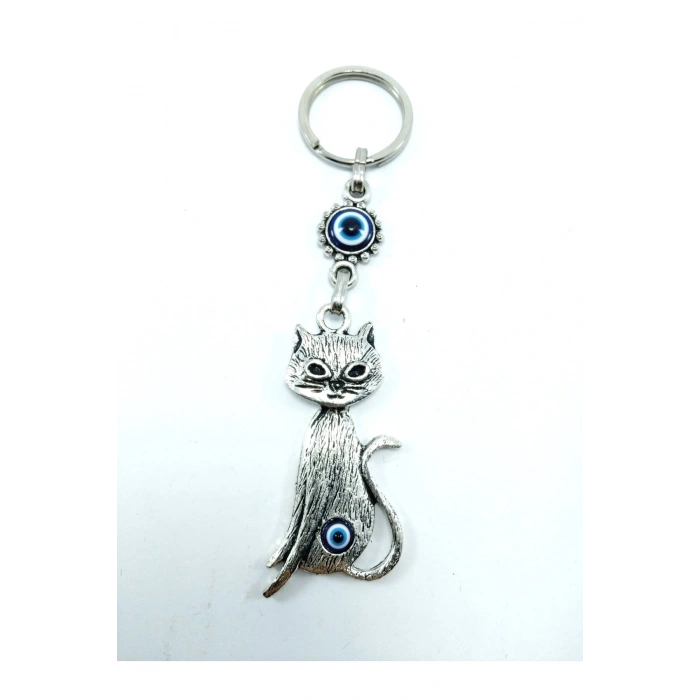 Nazar Boncuğu Metal Kedi Anahtarlık/dikiz Ayna Süsü Hediyelik Eşya