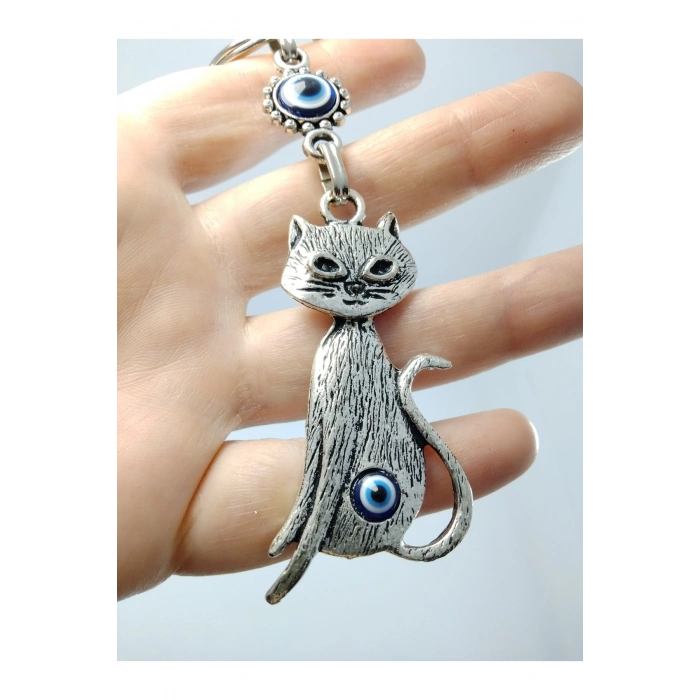 Nazar Boncuğu Metal Kedi Anahtarlık/dikiz Ayna Süsü Hediyelik Eşya