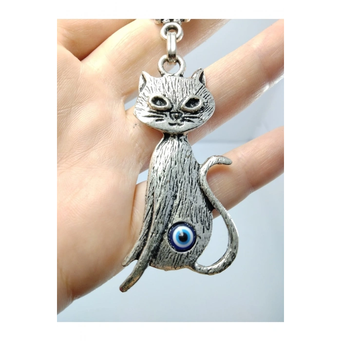 Nazar Boncuğu Metal Kedi Anahtarlık/dikiz Ayna Süsü Hediyelik Eşya
