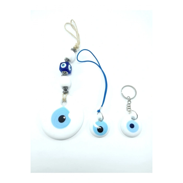 Beyaz Nazar Boncuğu Duvar Dekoru 7 Cm +anahtarlık+araba Dikiz Ayna Süsü Cam El Yapımı Hediyelik Set