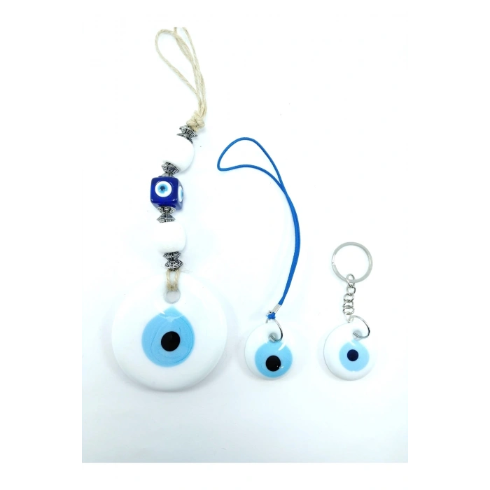 Beyaz Nazar Boncuğu Duvar Dekoru 7 Cm +anahtarlık+araba Dikiz Ayna Süsü Cam El Yapımı Hediyelik Set