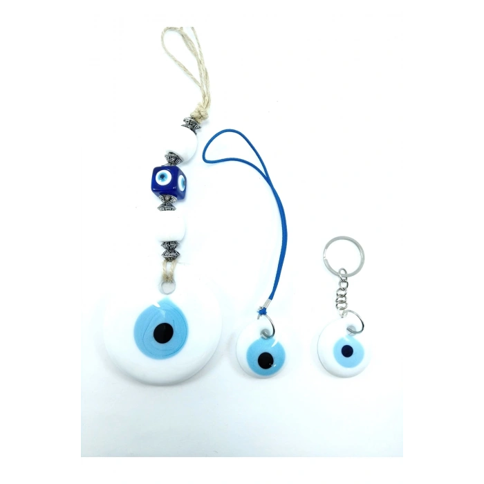 Beyaz Nazar Boncuğu Duvar Dekoru 7 Cm +anahtarlık+araba Dikiz Ayna Süsü Cam El Yapımı Hediyelik Set