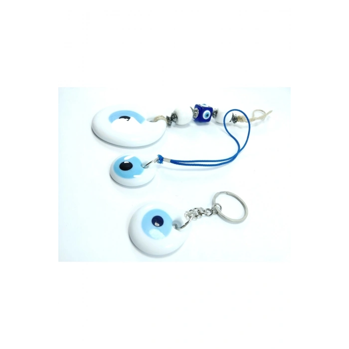 Beyaz Nazar Boncuğu Duvar Dekoru 7 Cm +anahtarlık+araba Dikiz Ayna Süsü Cam El Yapımı Hediyelik Set