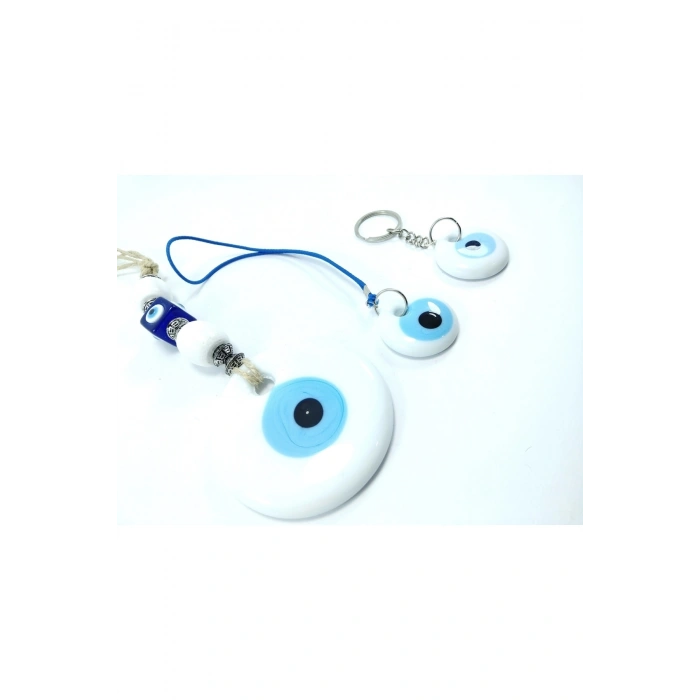 Beyaz Nazar Boncuğu Duvar Dekoru 7 Cm +anahtarlık+araba Dikiz Ayna Süsü Cam El Yapımı Hediyelik Set