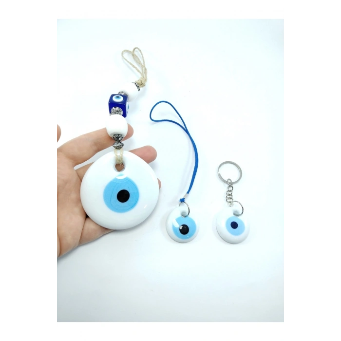 Beyaz Nazar Boncuğu Duvar Dekoru 7 Cm +anahtarlık+araba Dikiz Ayna Süsü Cam El Yapımı Hediyelik Set