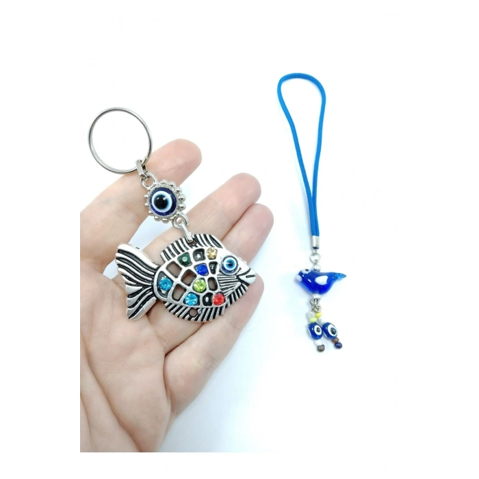 Nazar Boncuğu Balıklı Anahtarlık + Kuş Araba Dikiz Ayna Süsü Cam El Yapımı Dekoratif Hediyelik Set