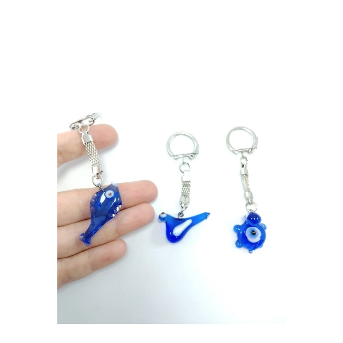 Cam Nazar Boncuğu Anahtarlık Üçlü Set El Yapımı Kuş + Balık + Kaplumbağa Üçlü Hediyelik Aksesuar