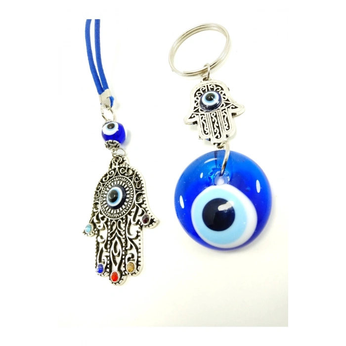 Metal Fatıma Eli/hamse Nazar Boncuğu Taşlı Araba Dikiz Ayna Süsü Cam Anahtarlık Hediyelik Set