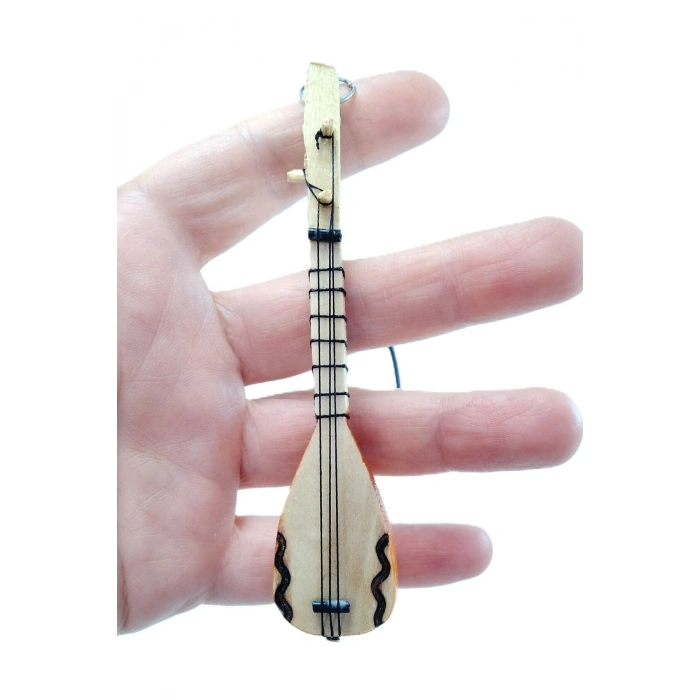 Ahşap Küçük Bağlama Dikiz Ayna Süsü El Yapımı Hediyelik Aksesuar 10 Cm, Minyatür Saz