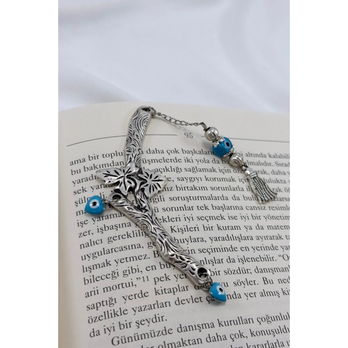 El Yapımı Cam Nazar Boncuğu Metal Yapraklı Dal Kitap Ayracı, Hediyelik Ağaç Dalı Kitap Ayracı