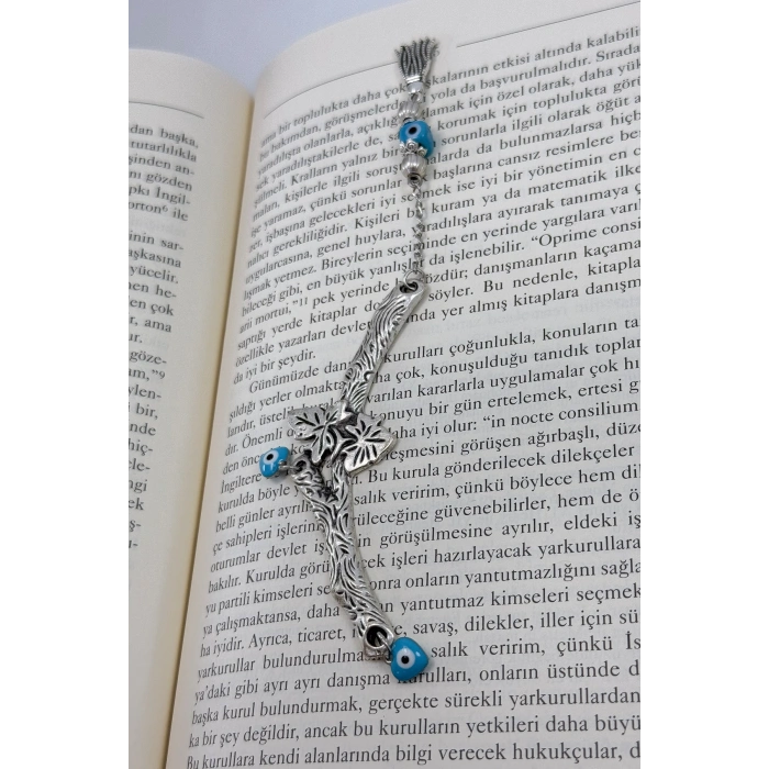 El Yapımı Cam Nazar Boncuğu Metal Yapraklı Dal Kitap Ayracı, Hediyelik Ağaç Dalı Kitap Ayracı