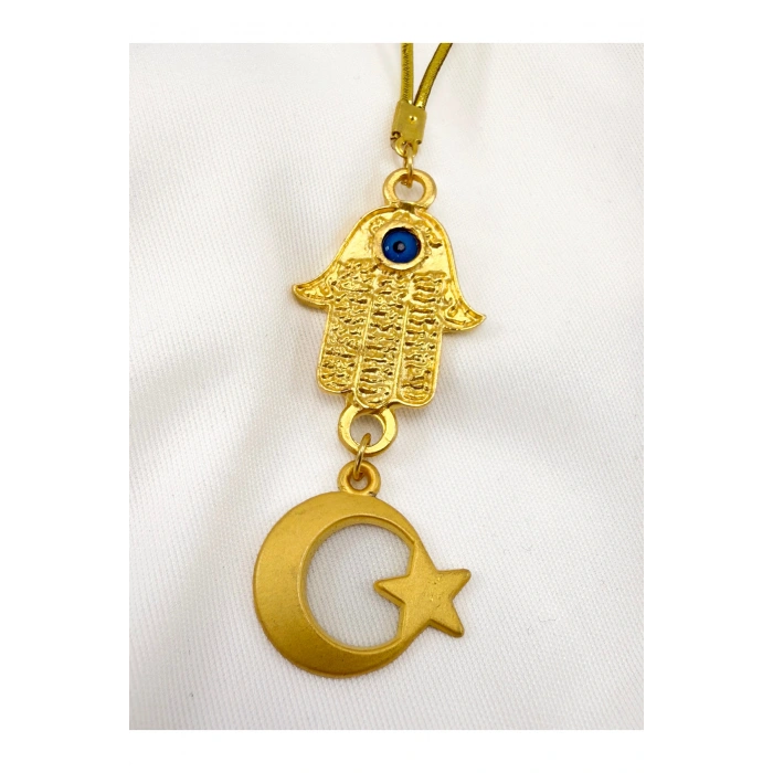 Altın Kaplama Hamse Ay Yıldız Gold Renkli Araba Dikiz Ayna Süsü, Lüks Yeni Araba Hediyesi