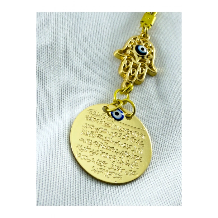Nazar Boncuklu Ajurlu Hamse Fatma Ana Eli Metal Ayetel Kürsi Araba Dikiz Ayna Süsü, Gold Renkli