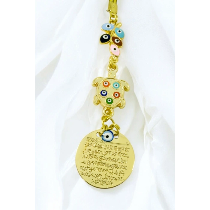 Renkli Salkım Nazar Boncuğu Kaplumbağa Metal Ayetel Kürsi Araba Dikiz Ayna Süsü, Gold Renkli