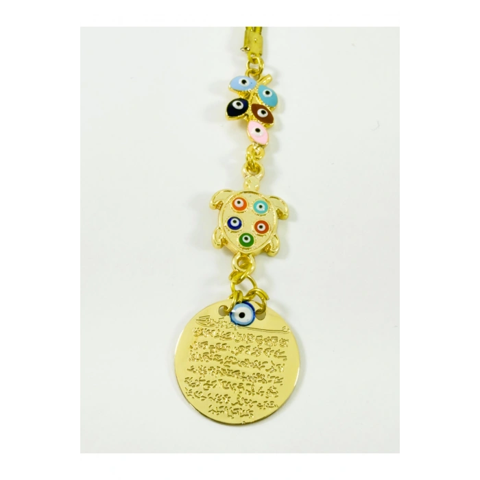 Renkli Salkım Nazar Boncuğu Kaplumbağa Metal Ayetel Kürsi Araba Dikiz Ayna Süsü, Gold Renkli