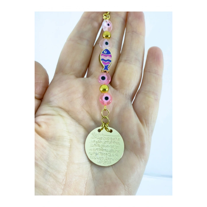 Pembe CamNazar Boncuğu Metal Balık Ayetel Kürsi Araba Dikiz Ayna Süsü, Gold Renkli