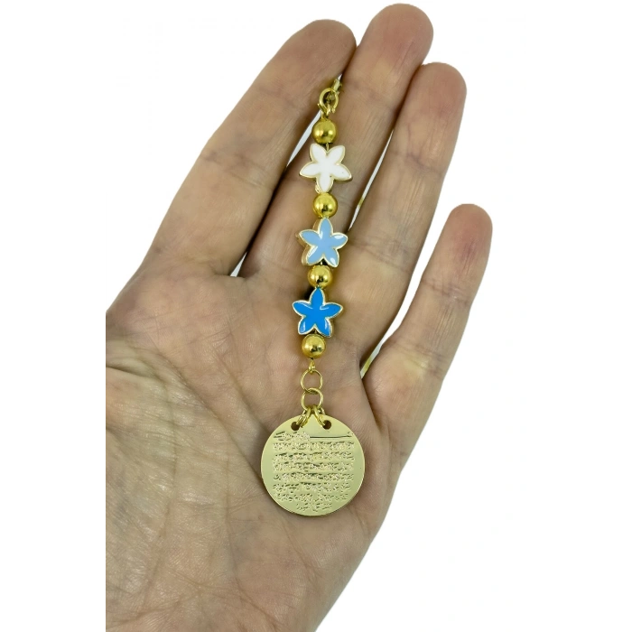 Mavi Yıldız boncuklu Metal Ayetel Kürsi Araba Dikiz Ayna Süsü, Gold Renkli Yeni Araba Hediyesi