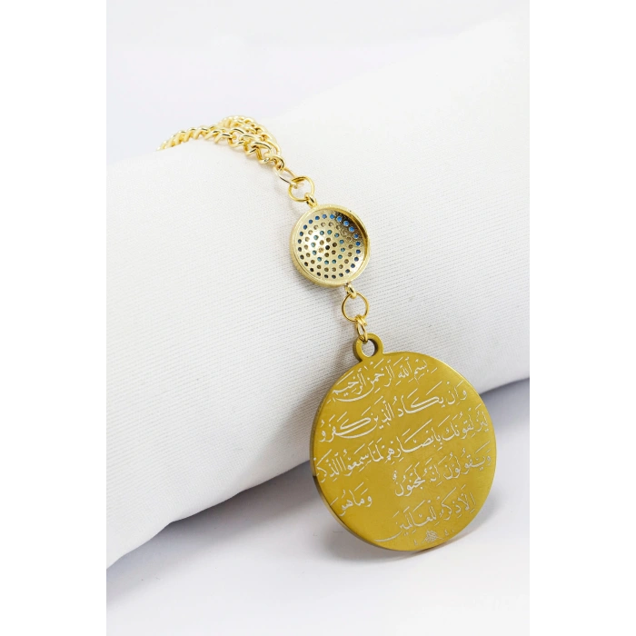 Zirkon Taşlı Nazar Gold Çelik Çift Taraflı Ayetel Kürsi/ Nazar Ayeti Araba Dikiz Ayna Süsü