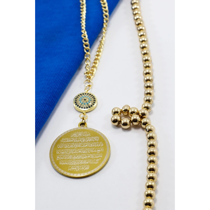 Zirkon Taşlı Nazar Gold Çelik Çift Taraflı Ayetel Kürsi/ Nazar Ayeti Araba Dikiz Ayna Süsü